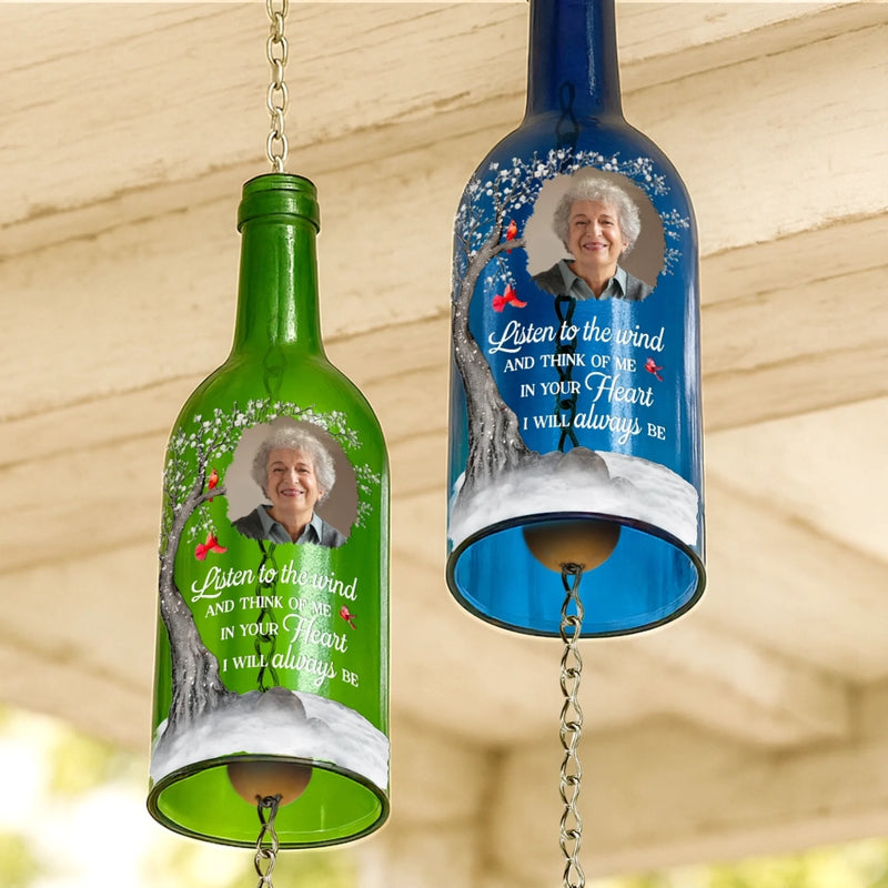 Custom Photo Wine Bottle Wind Chime - Personalized Memorial Sympathy Gifts For Loss Of Mom, Dad - Whispers Of You Live On
