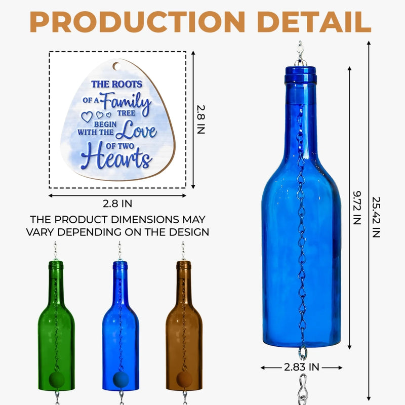 Custom Wine Bottle Wind Chime - Personalized Anniversary Wedding Gifts For Husband And Wife, Him And Her - Two Hearts, One Family Tree