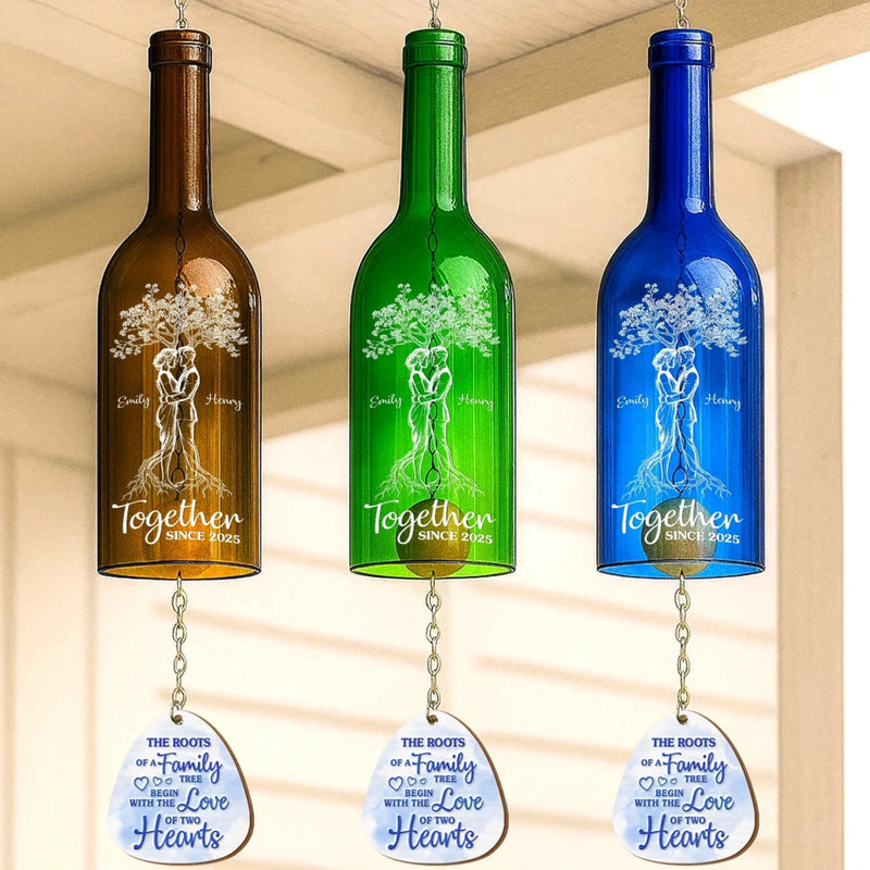 Custom Wine Bottle Wind Chime - Personalized Anniversary Wedding Gifts For Husband And Wife, Him And Her - Two Hearts, One Family Tree