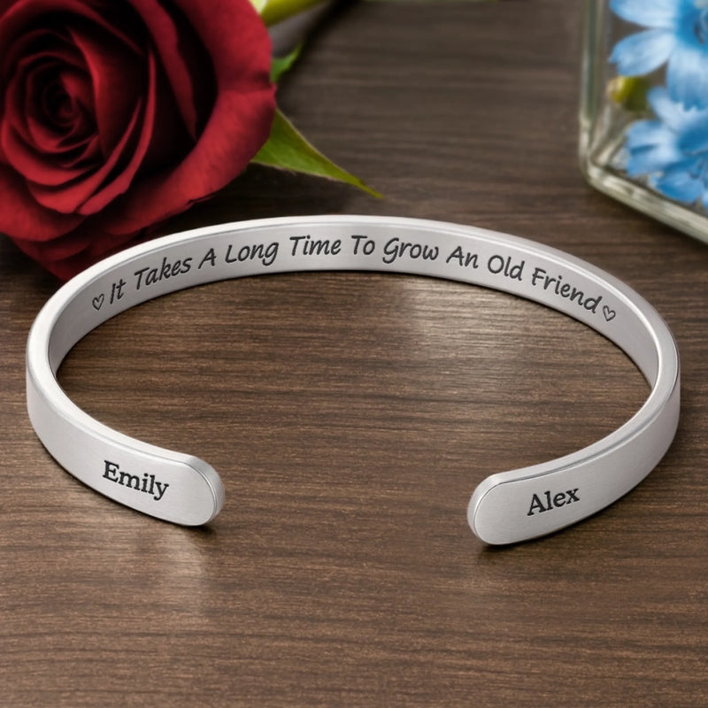 Custom Engraved Stainless Steel Cuff Bracelet - Personalized Best Friend Birthday Gifts For Women, Besties, Sisters, BFF - Friends Engraved In Forever