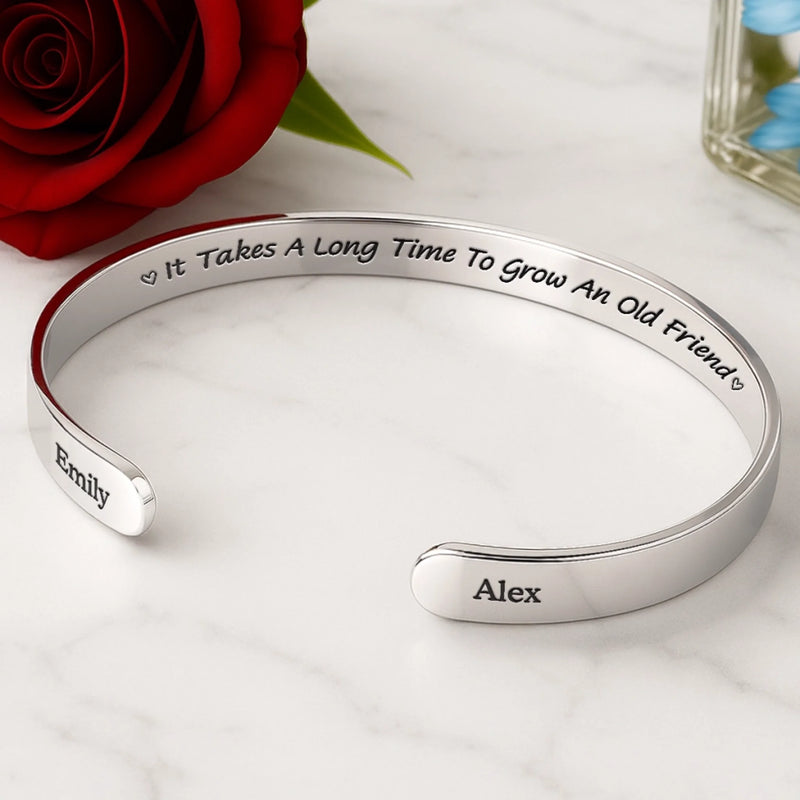 Custom Engraved Stainless Steel Cuff Bracelet - Personalized Best Friend Birthday Gifts For Women, Besties, Sisters, BFF - Friends Engraved In Forever