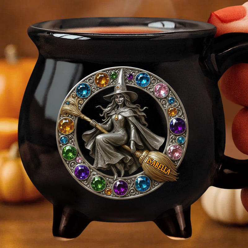 Custom 12oz Ceramic Cauldron Coffee Mug - Personalized Halloween Witchy Gifts For Besties, Sisters, BFF, Family, Yourself - The Bejeweled Witch
