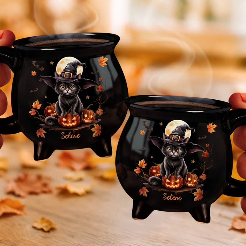 Custom 12oz Ceramic Cauldron Coffee Mug - Personalized Halloween Witchy Gifts For Besties, Sisters, BFF, Family, Yourself - Purrfectly Spooky