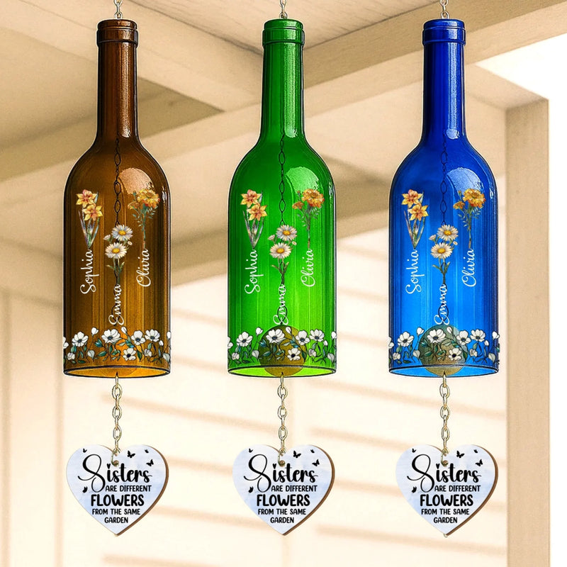Custom Wine Bottle Wind Chime - Personalized Best Friend Birthday Gifts For Women - Sisters Bloom Together In Love