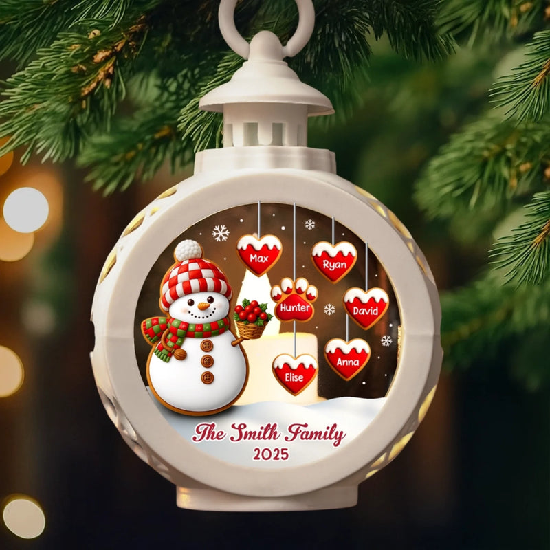 Custom Snowman Candlelight Lantern Ornament -  Personalized Christmas Birthday Gifts For Mom, Dad, Brother, Sister, Kids - Family Hearts Beat As One