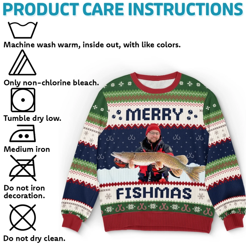 Custom Photo Unisex Ugly Sweatshirt - Personalized Christmas Birthday Fishing Gifts For Fisherman - Merry Fishman