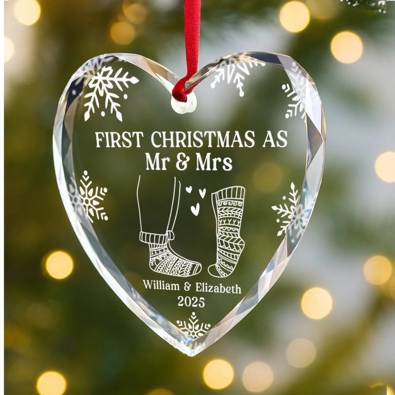 Custom Name & Year First Christmas Gifts for Couples - Personalized Glass Ornament