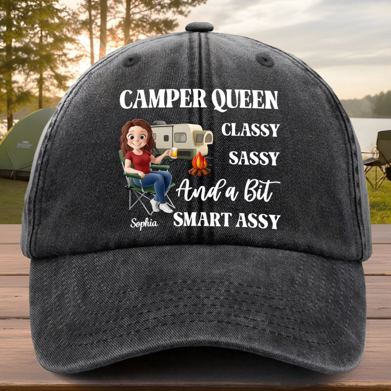 Custom Name Camper Queen Gifts for Women - Personalized Washed Baseball Cap
