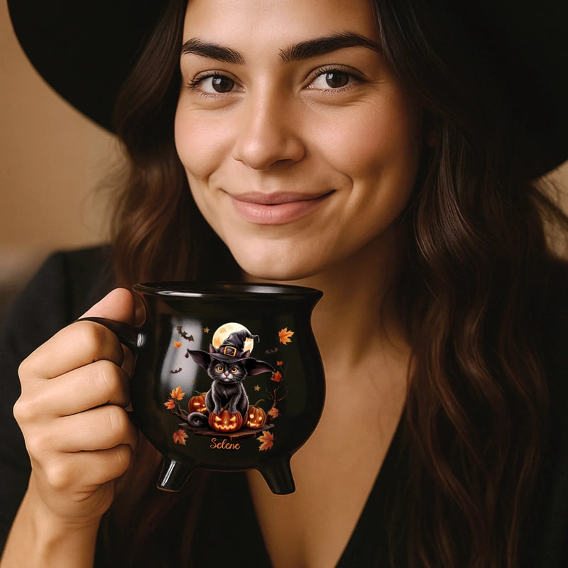 Custom 12oz Ceramic Cauldron Coffee Mug - Personalized Halloween Witchy Gifts For Besties, Sisters, BFF, Family, Yourself - Purrfectly Spooky