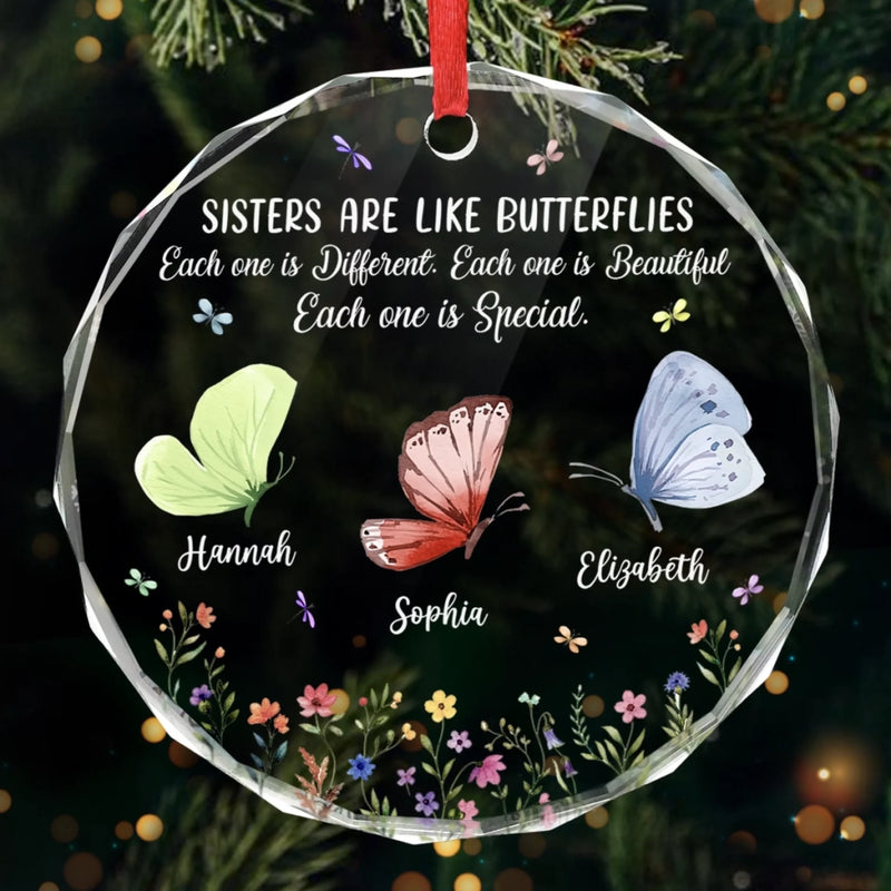 Custom Circle Glass Ornament - Personalized Best Friend Christmas Birthday Gifts For Women, Besties, Sisters, BFF - Bestie Joy Flutters Like Butterflies