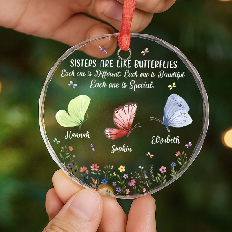 Custom Circle Glass Ornament - Personalized Best Friend Christmas Birthday Gifts For Women, Besties, Sisters, BFF - Bestie Joy Flutters Like Butterflies