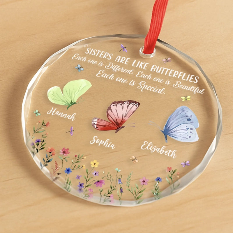 Custom Circle Glass Ornament - Personalized Best Friend Christmas Birthday Gifts For Women, Besties, Sisters, BFF - Bestie Joy Flutters Like Butterflies