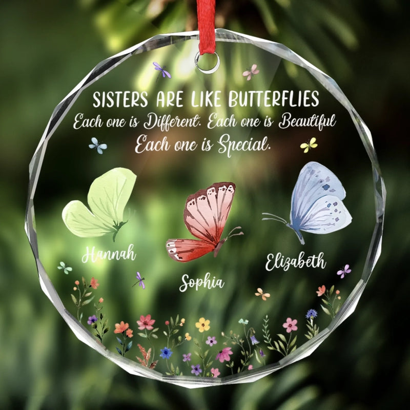 Custom Circle Glass Ornament - Personalized Best Friend Christmas Birthday Gifts For Women, Besties, Sisters, BFF - Bestie Joy Flutters Like Butterflies