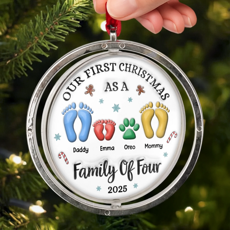 Custom First Christmas Acrylic Rotating Ornament - Personalized Christmas Birthday Gifts For Mom, Dad, Brother, Sister, Kids - Hearts Gather Around The Tree