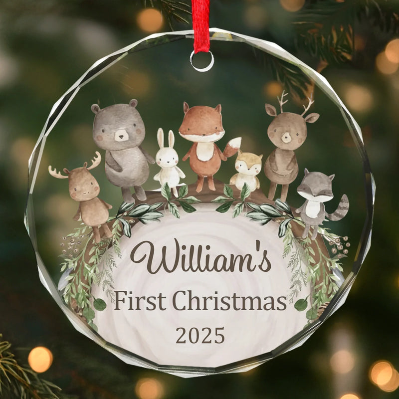 Custom Name Woodland Animal First Christmas Gifts - Personalized Glass Ornament