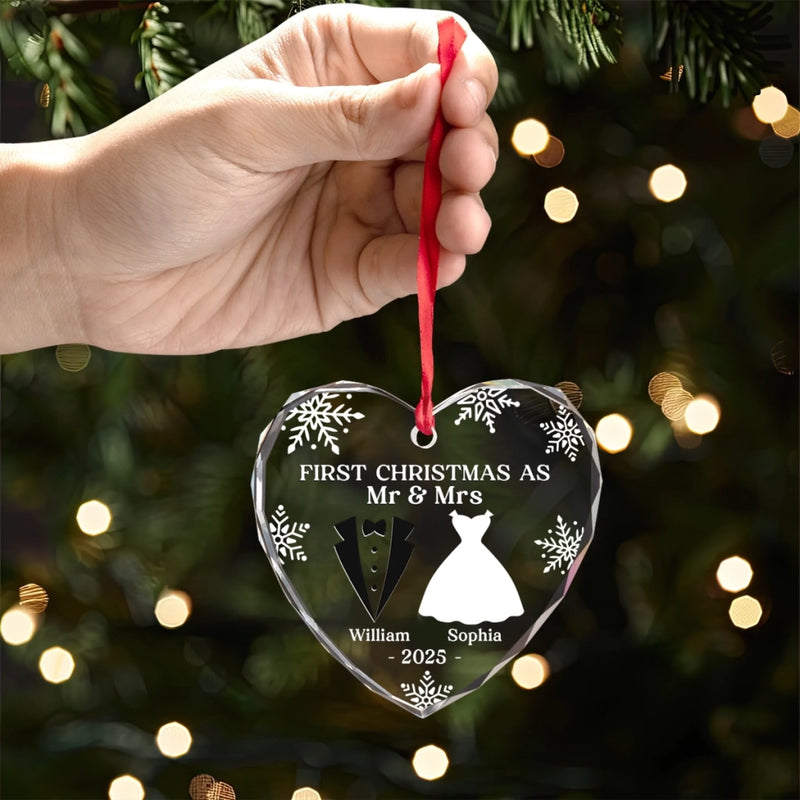 Custom Name First Christmas as Mr & Mrs Gifts for Couples - Personalized Glass Ornament