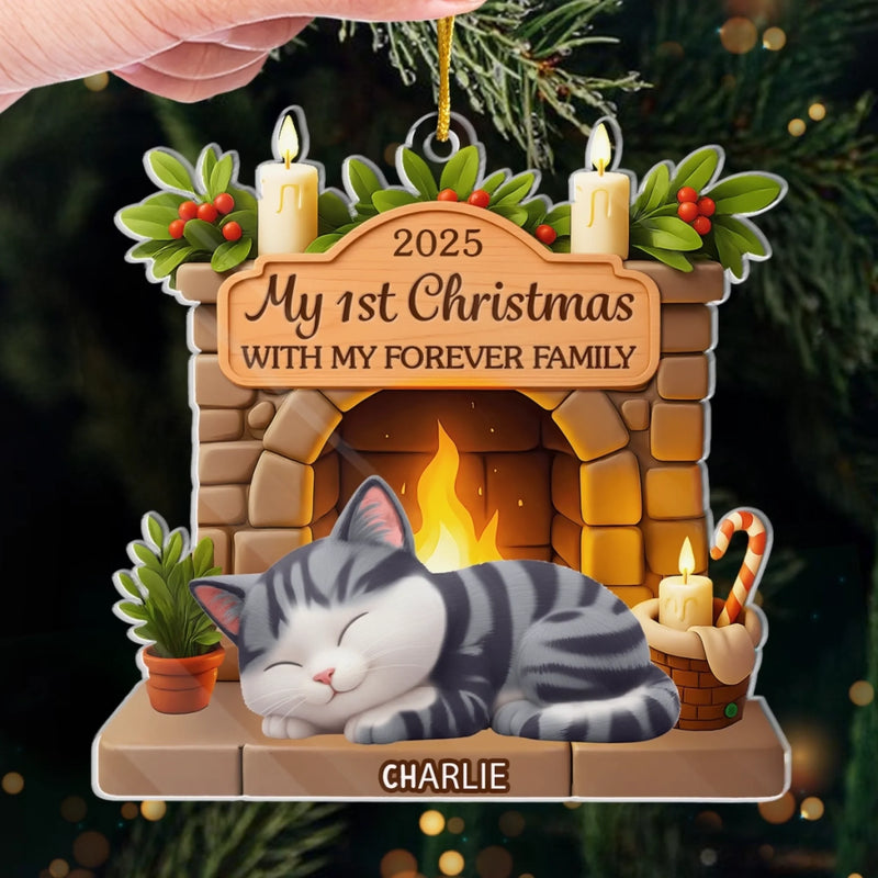 Custom First Christmas Acrylic Ornament - Personalized Christmas Birthday Gifts For Cat Lovers, Cat Mom And Dad - With My Forever Family