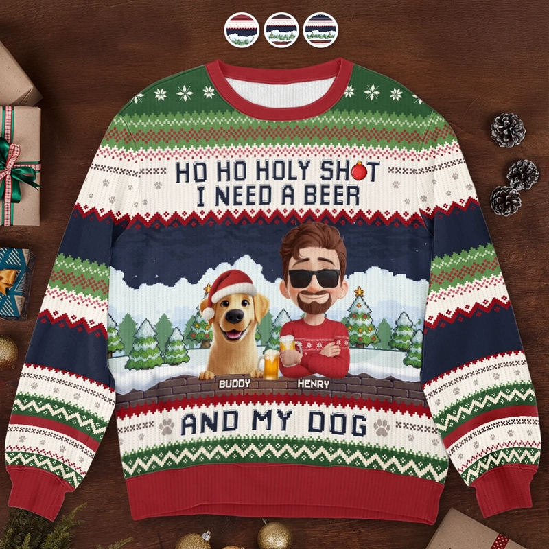Custom Unisex Ugly Sweatshirt - Personalized  Christmas Birthday Gifts For Dog Lovers, Dog Dad And Mom - Ho Ho Hold My Beer