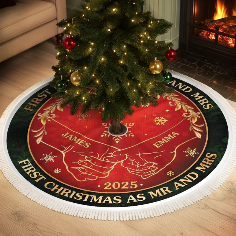 Custom First Christmas Tree Skirt - Personalized Anniversary Christmas Wedding Gifts For Husband And Wife, Him And Her - Warm Hearts One Winter Night