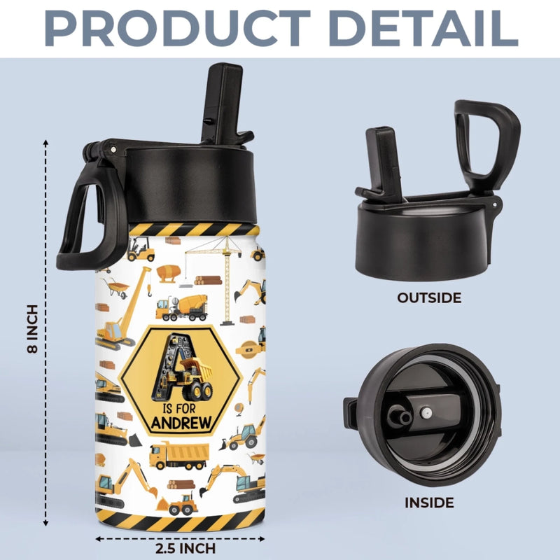 Custom Name Construction Truck Gifts for Kids - Personalized Kid Water Bottle