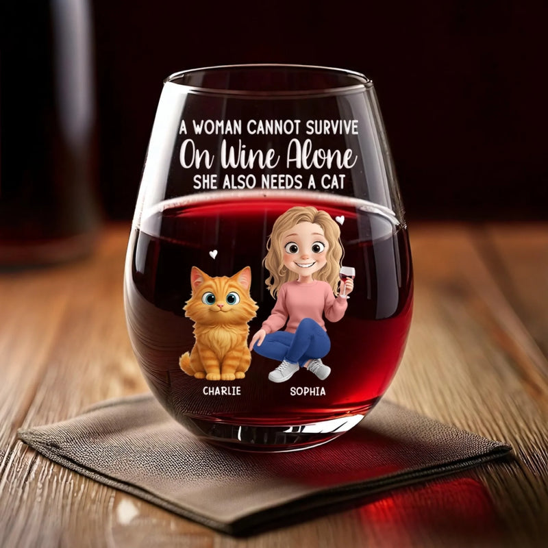Custom Name Funny Cat Lover Gifts for Women - Personalized Wine Glass