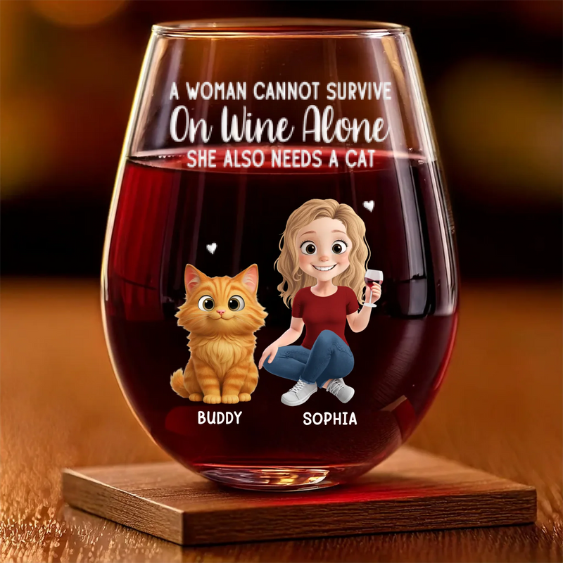 Custom Name Funny Cat Lover Gifts for Women - Personalized Wine Glass