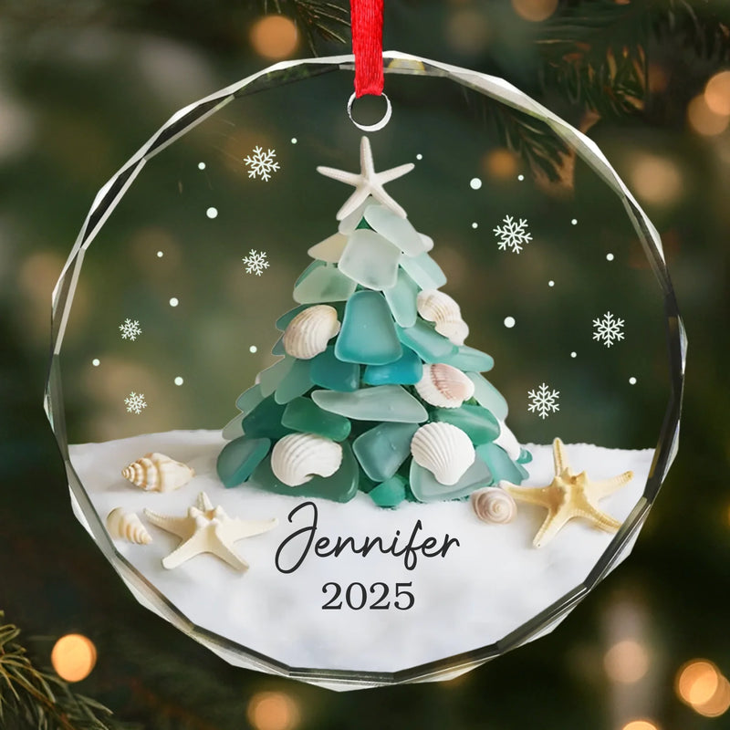 Custom Name Coastal Christmas Tree Gifts - Personalized Glass Ornament