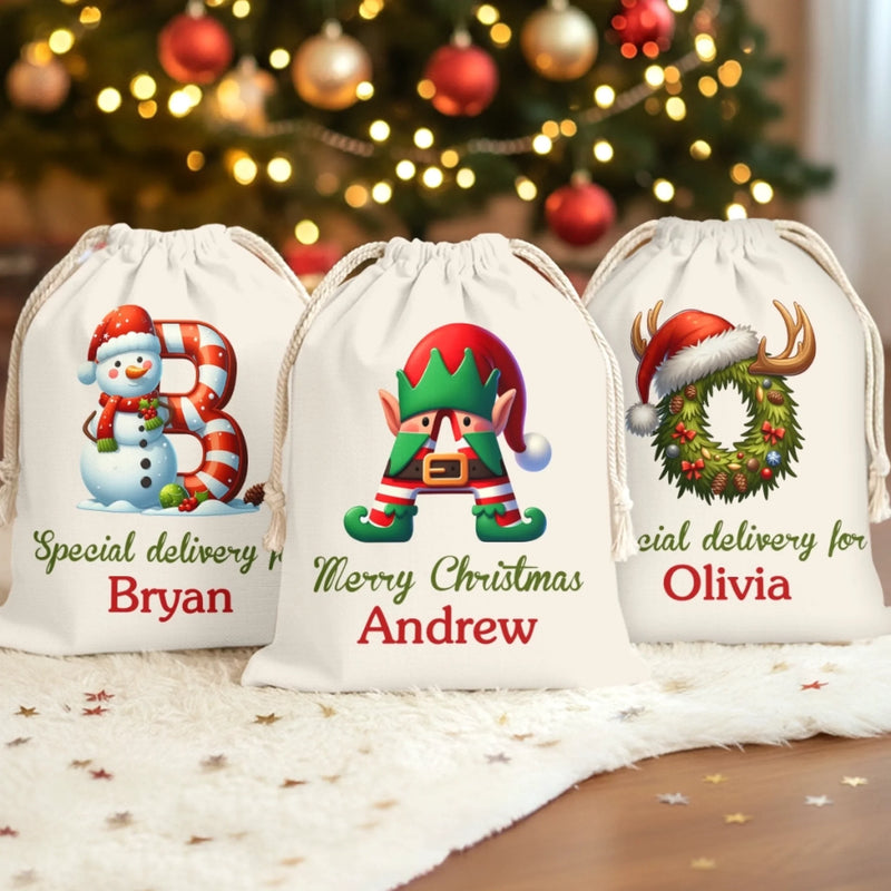Custom Name Christmas Elf Gifts for Kids - Personalized Christmas Favor Bag