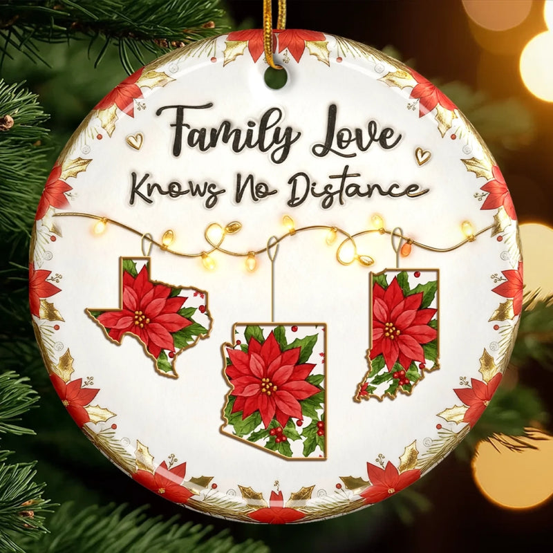 Custom Long Distance Ceramic Ornament - Personalized Christmas Birthday Gifts For Mom, Dad, Brother, Sister, Kids - Poinsettias Bloom Where Hearts Meet