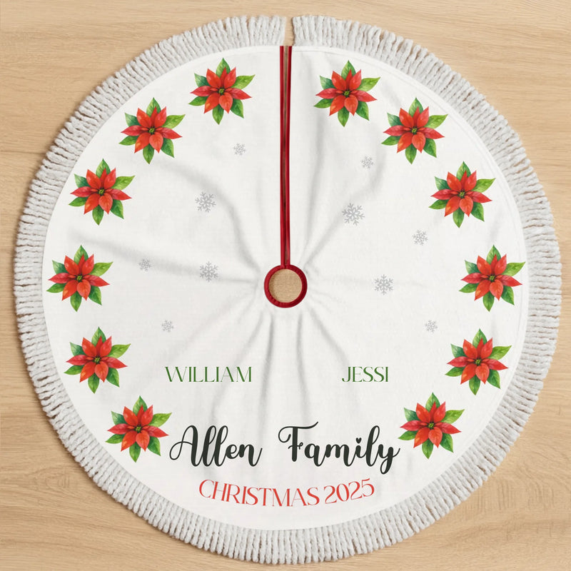 Custom Name Poinsettia Christmas Family Decor - Personalized Tree Skirt