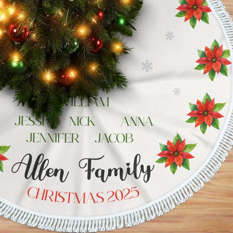 Custom Name Poinsettia Christmas Family Decor - Personalized Tree Skirt