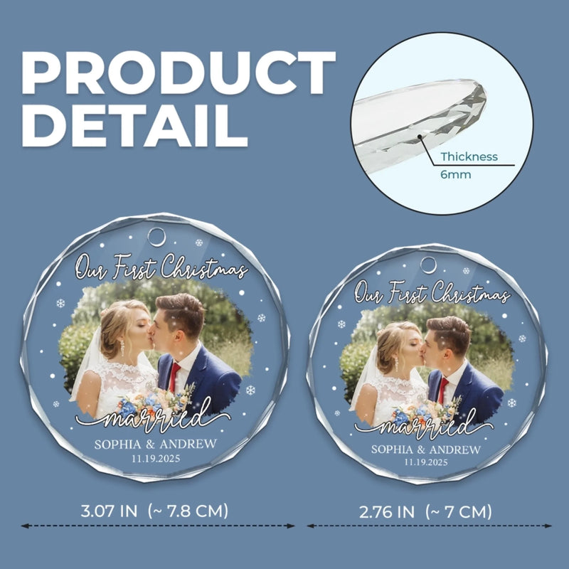 Custom Photo Our First Christmas As Mr & Mrs - Couple Personalized Custom Circle Glass Ornament - New Arrival, Christmas Gift For Husband Wife, Anniversary, First Christmas AMZ