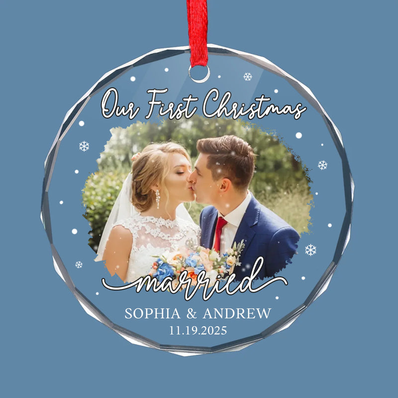 Custom Photo Our First Christmas As Mr & Mrs - Couple Personalized Custom Circle Glass Ornament - New Arrival, Christmas Gift For Husband Wife, Anniversary, First Christmas AMZ