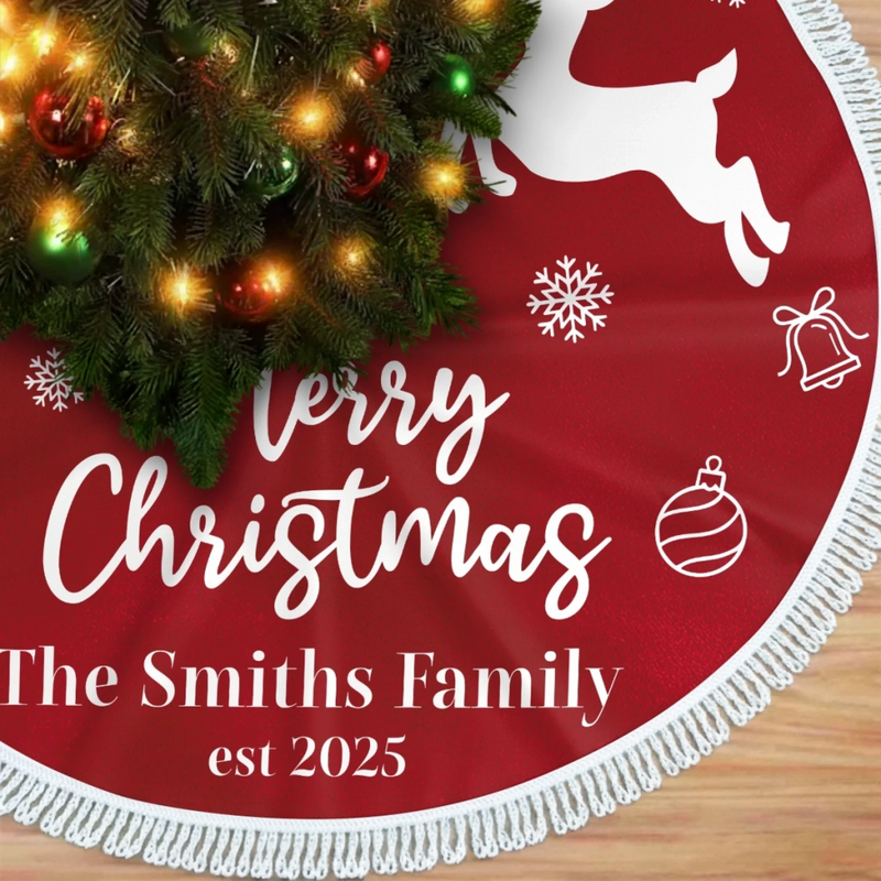 Custom Family Name Christmas Reindeer Decor - Personalized Tree Skirt