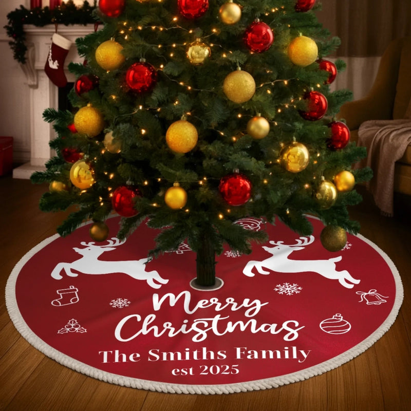 Custom Family Name Christmas Reindeer Decor - Personalized Tree Skirt