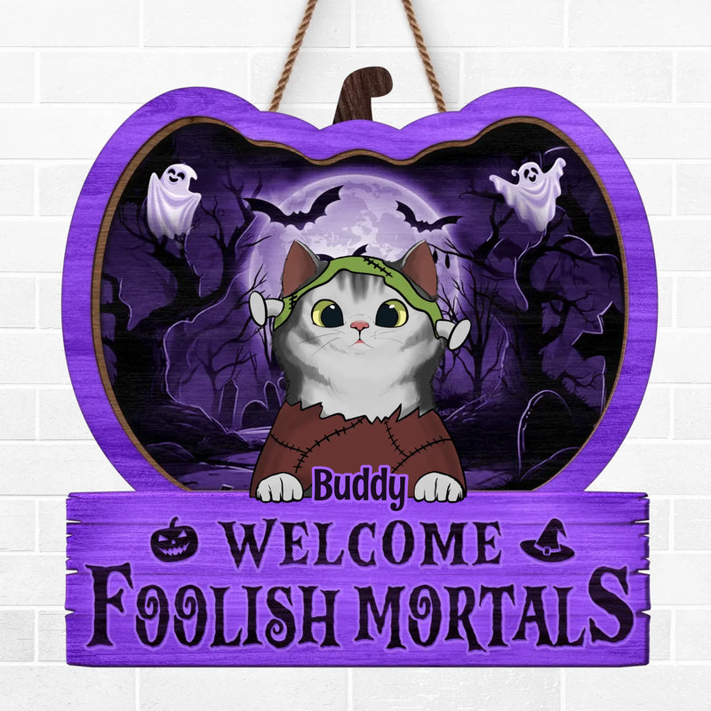 Custom Name Halloween Cat Welcome Gifts - Personalized Wood Sign