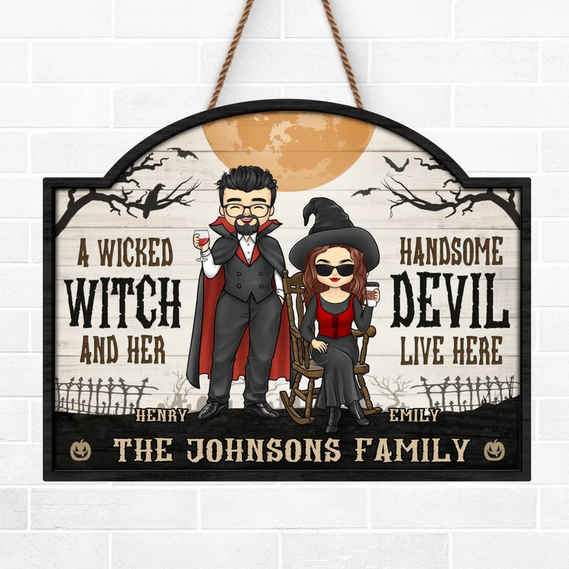 Custom Name Halloween Witch and Devil Couple Gifts - Personalized Wood Sign