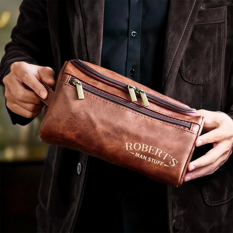 Custom Engraved Leather Toiletry Bag - Personalized  Christmas Birthday Gifts For Dad, Brother, Son, Husband, Groomsman, Best Friends - The Ultimate Man Kit