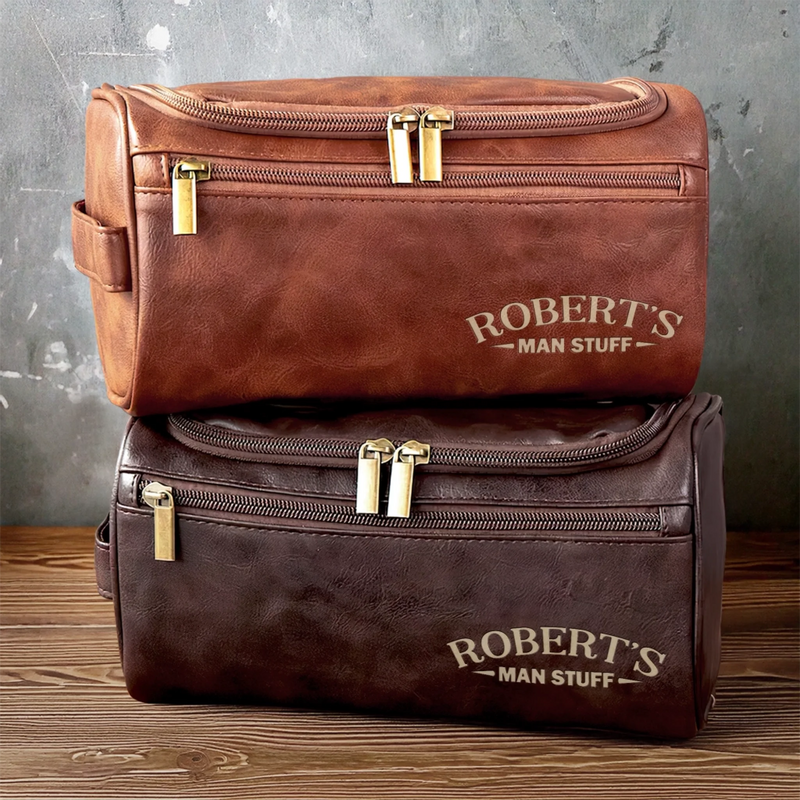 Custom Engraved Leather Toiletry Bag - Personalized  Christmas Birthday Gifts For Dad, Brother, Son, Husband, Groomsman, Best Friends - The Ultimate Man Kit
