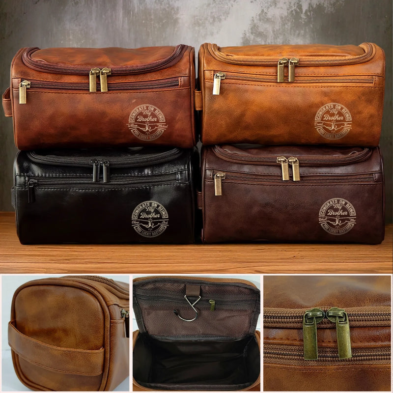 Custom Engraved Leather Toiletry Bag - Personalized Birthday Gifts For Brother - Made For Your Journey