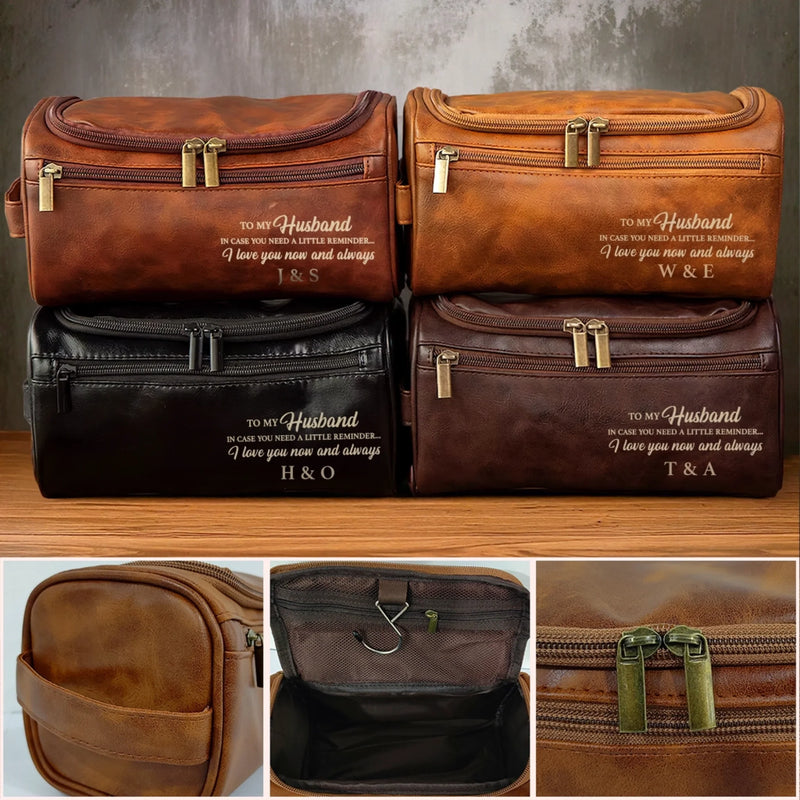Custom Engraved Leather Toiletry Bag - Personalized Birthday Gifts For Husband - For The Man I Love