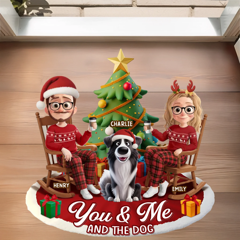 Custom Shaped Doormat - Personalized Anniversary Christmas Wedding Gifts For Husband And Wife, Dog Cat Lovers - Just Us, The Tree And The Dog