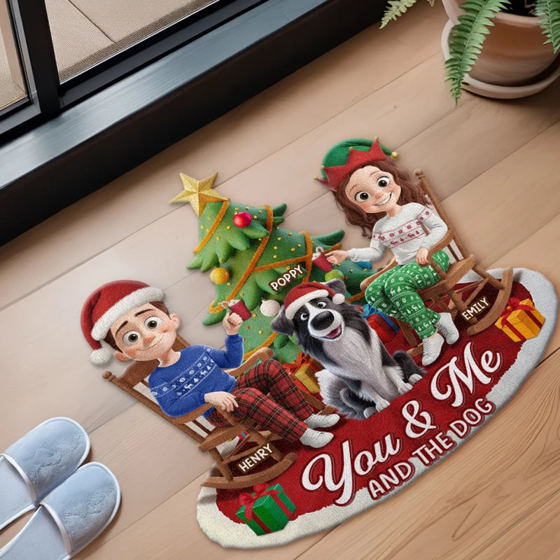 Custom Shaped Doormat - Personalized Anniversary Christmas Wedding Gifts For Husband And Wife, Dog Cat Lovers - Just Us, The Tree And The Dog