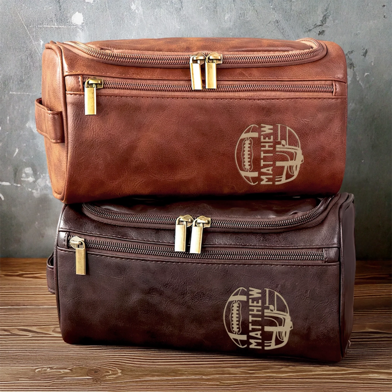 Custom Engraved Leather Toiletry Bag - Personalized  Christmas Birthday American Football Gifts For Football Lovers, Sports Fans, Sports Lovers - Keep Your Gear Game Strong