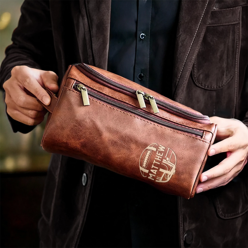 Custom Engraved Leather Toiletry Bag - Personalized  Christmas Birthday American Football Gifts For Football Lovers, Sports Fans, Sports Lovers - Keep Your Gear Game Strong