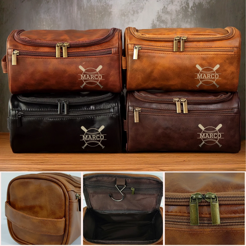 Custom Engraved Leather Toiletry Bag - Personalized  Christmas Birthday Baseball Gifts For Baseball Lovers, Sports Fans, Sports Lovers - Every Stitch Tells A Story