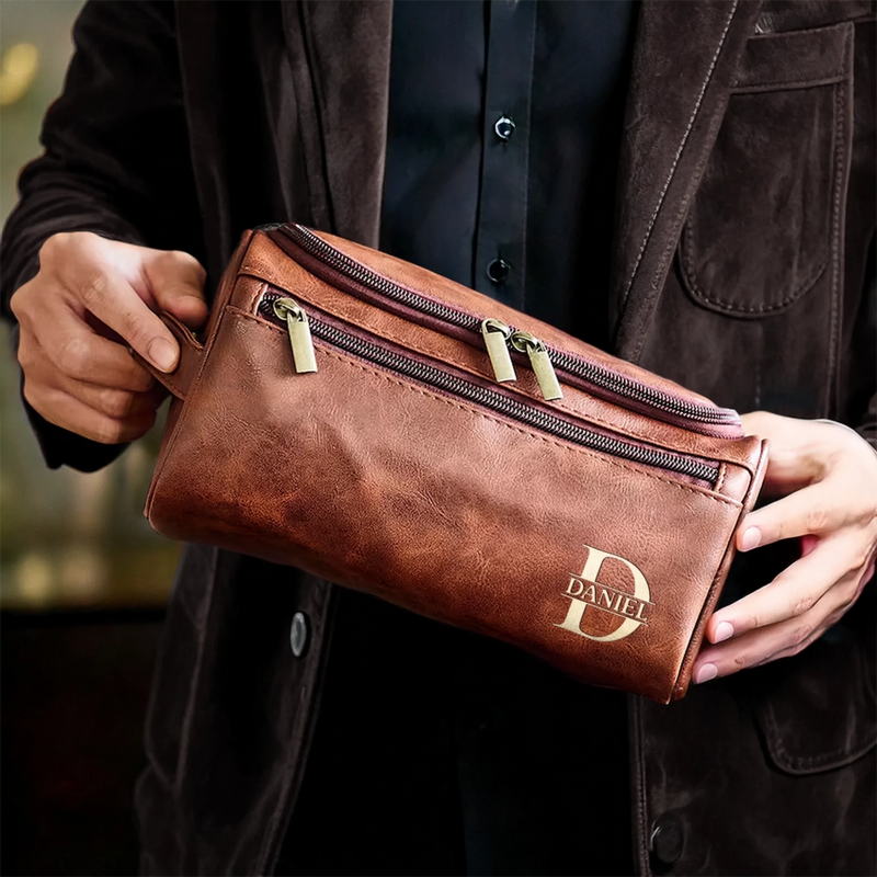 Custom Engraved Leather Toiletry Bag - New Arrival, Personalized Birthday Gifts For Dad, Brother, Grandpa, Husband - For The Man Who’s Always On The Move AMZ