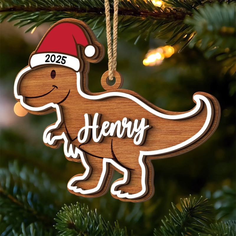 Custom Dinosaur Double Layer Wooden Ornament - Personalized Christmas Birthday Gifts For Mom, Dad, Brother, Sister, Kids - Dino Spreading Christmas Cheer