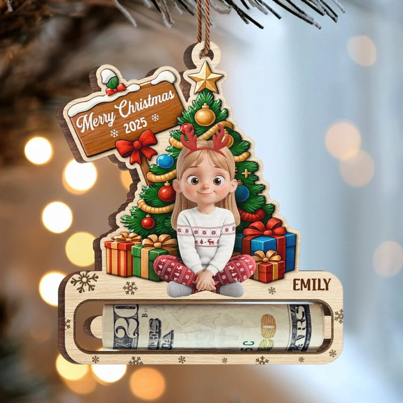 Custom Wooden Money Holder Ornament - Personalized Christmas Birthday Gifts For Kids - Little Elves Big Smiles