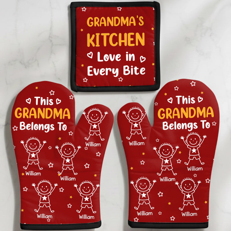 Custom Oven Mitt And Pot Holder Set - Personalized Christmas Birthday Gifts For Mom, Grandma - Three Generations Sharing Holiday Magic